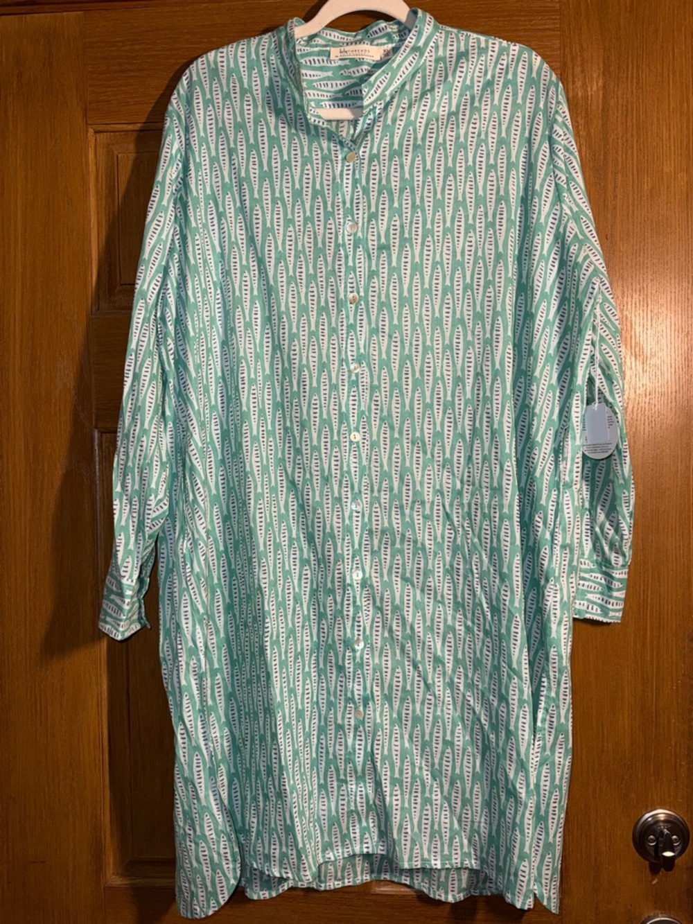 Light Mint fish Patterned Women’s Swim Coverup Tunic 100’% cotton XL